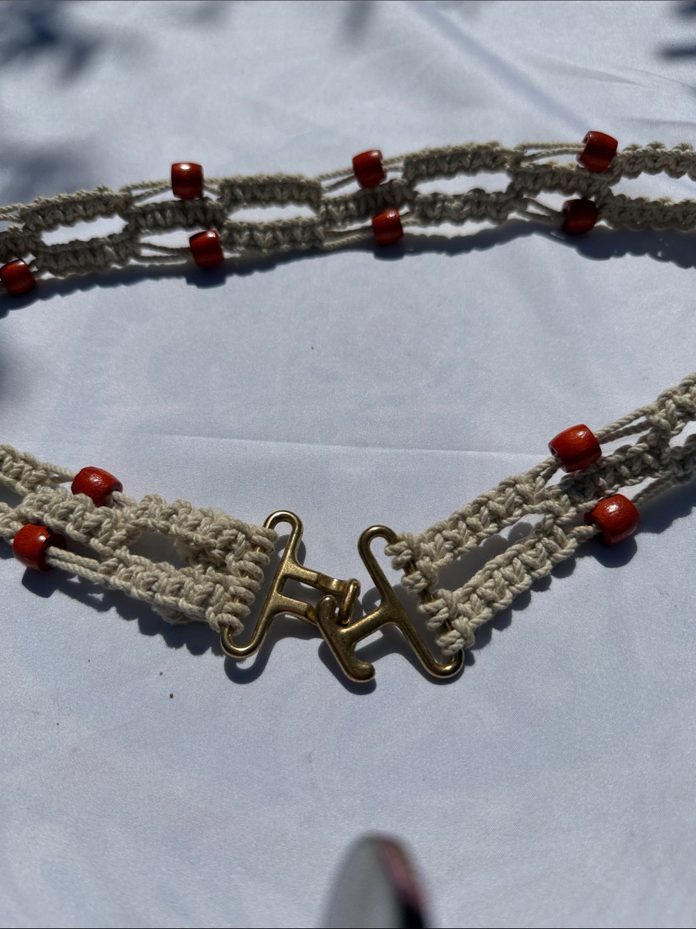 Hippie 70 vintage handmade strong macrame w rust orange beads gold clasp 32"